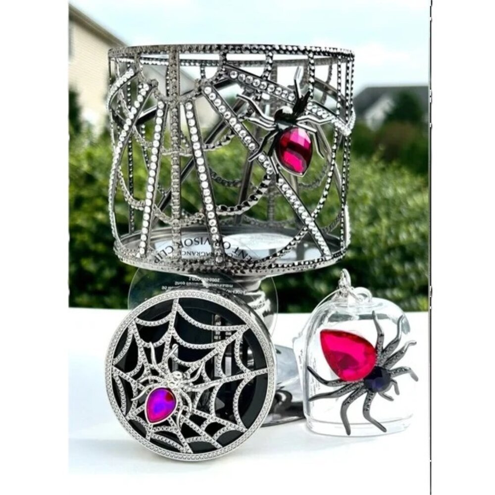 Bath & Body Works Gem Spider Spiderweb Candle & Pocketbac Holder & Car Clip x 3